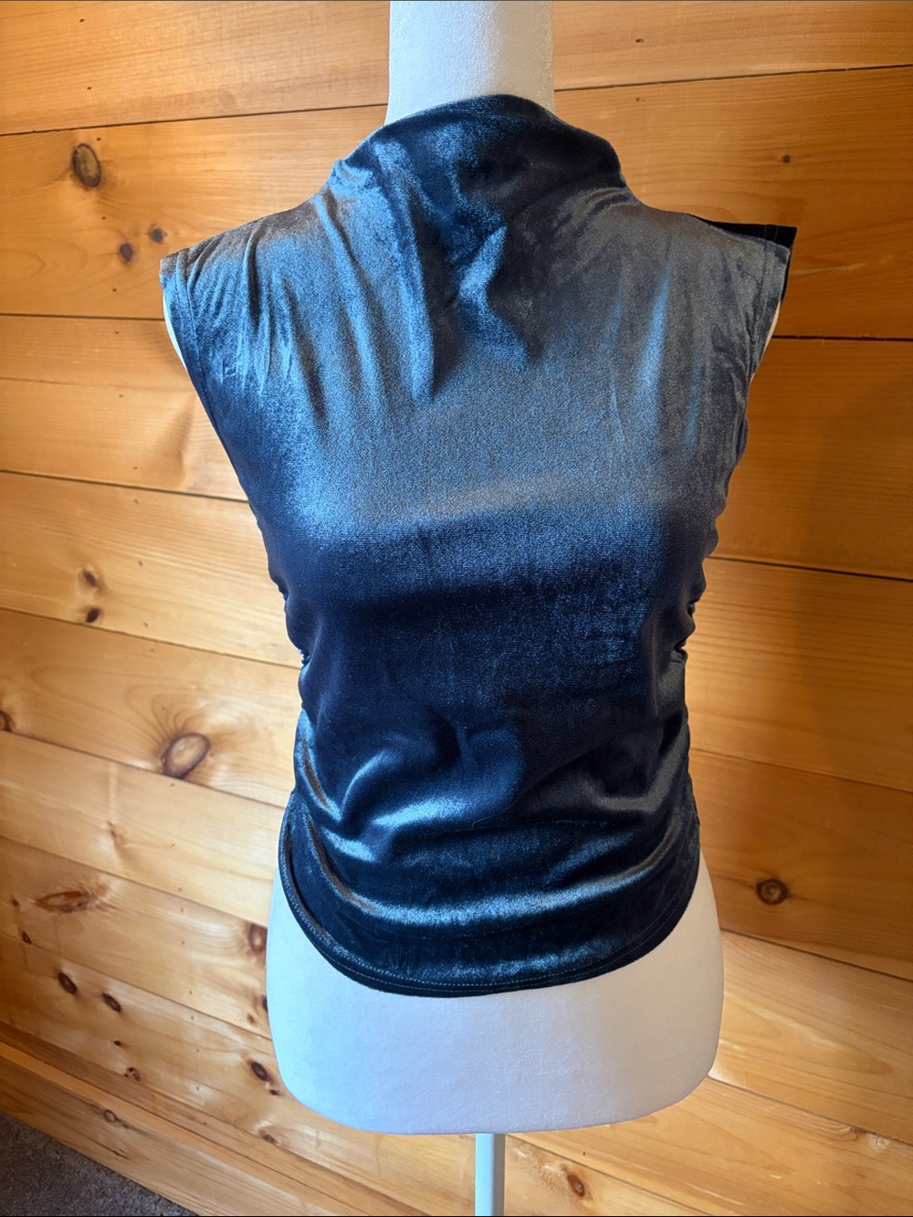 Slate Blue Velvet Mock-Neck Sleeveless Top